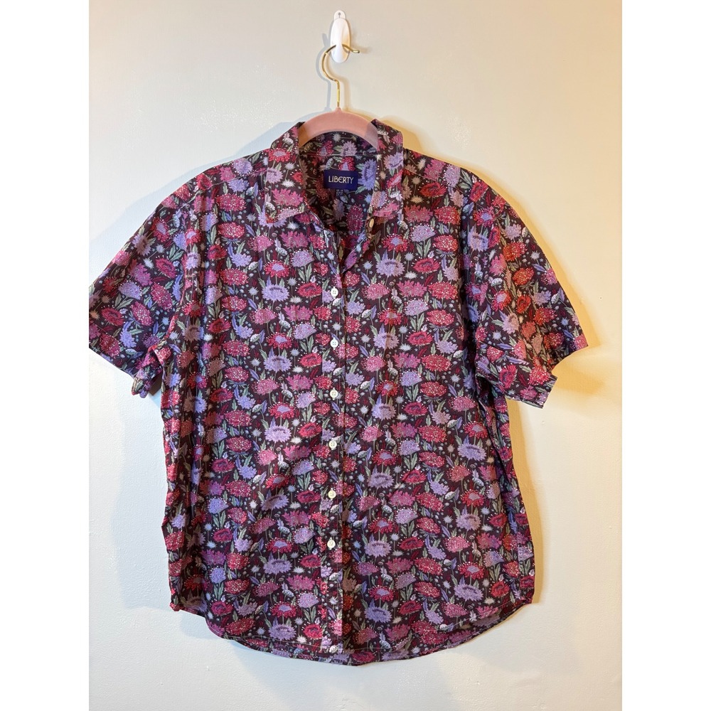 Liberty of London Brown Floral Cotton Button Up Blouse 14 Short Sleeve